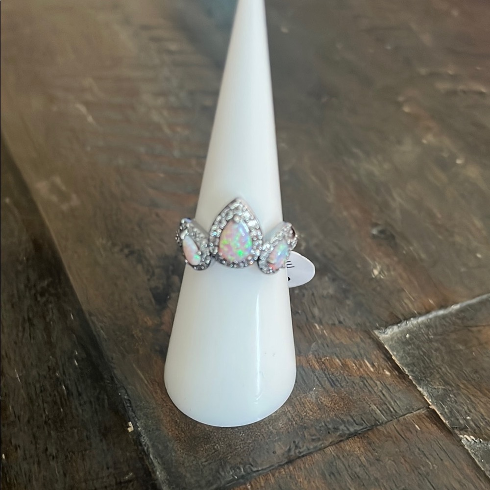 Opal Teardrop Halo Silver Ring - White Opal Accent